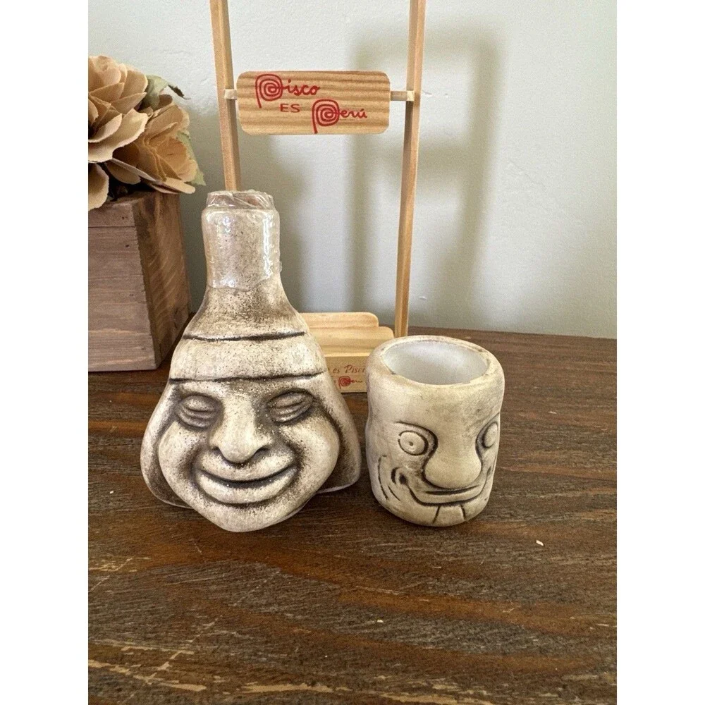 Peruvian Pisco Decanter Set Cusco Folk Art Bottle Shot Cup Andean Face Barware